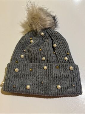 Gray Pearl-Studded Faux Fur Pom Beanie - Women Accessories